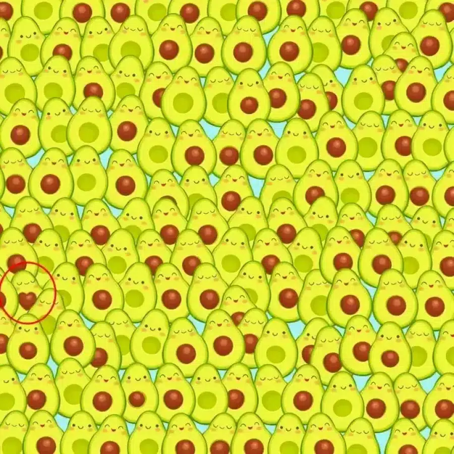 Riesci a trovare l'avocado con il nocciolo a forma di cuore in questa immagine in 14 secondi? Trova la spiegazione e la soluzione per Avocado con nocciolo a forma di cuore in questa illusione ottica